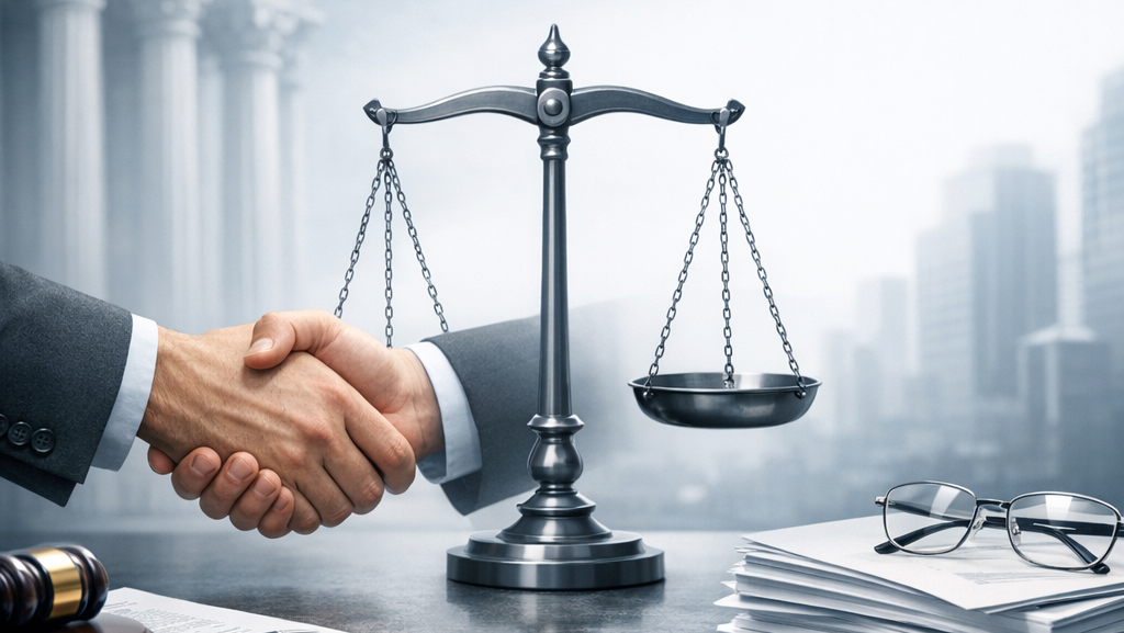 Handshake between two professionals with scales of justice and legal documents, illustrating civil and commercial contracts i
